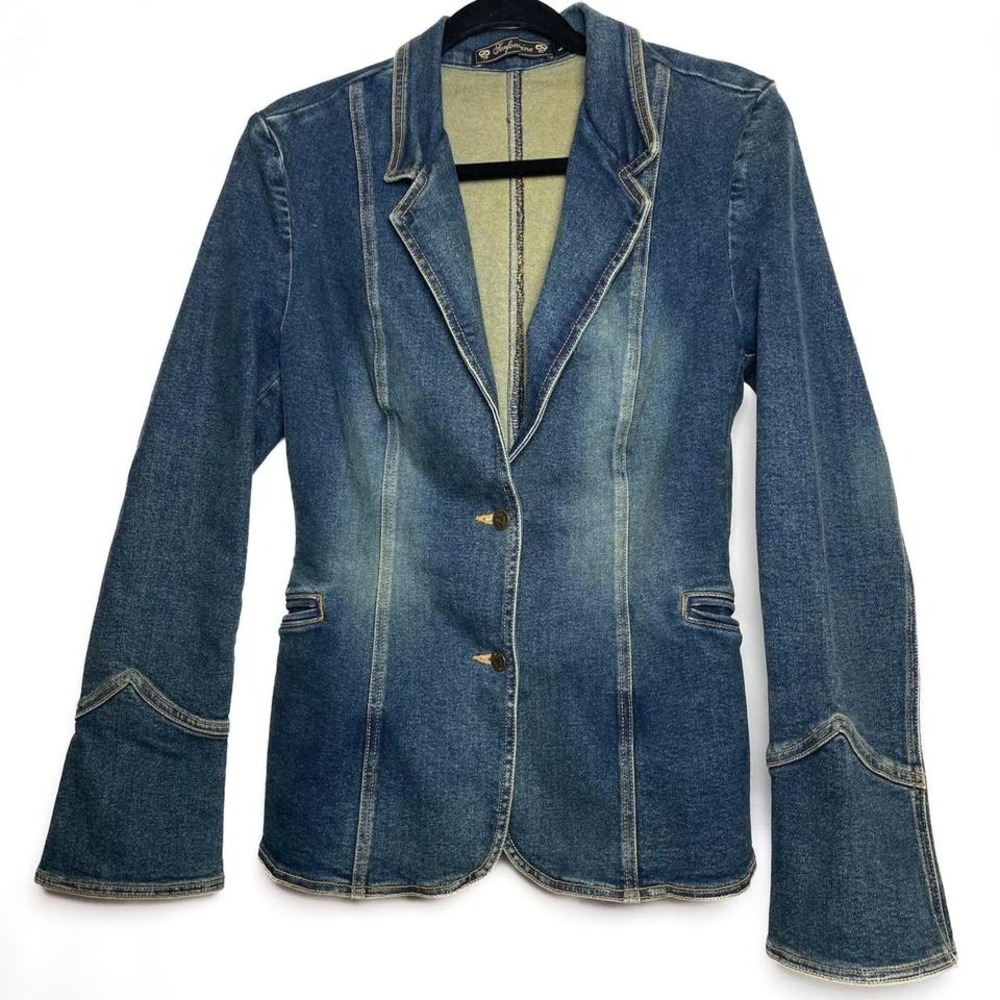 Retro Denim Jacket Western Style Bell‎ Sleeves Distressed Wash Collared Size L